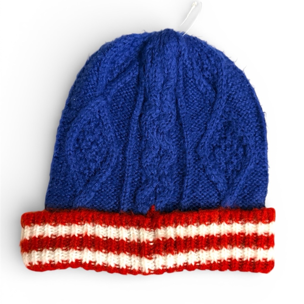 Boden Small Blue Knit Beanie with Red and White Stripes.